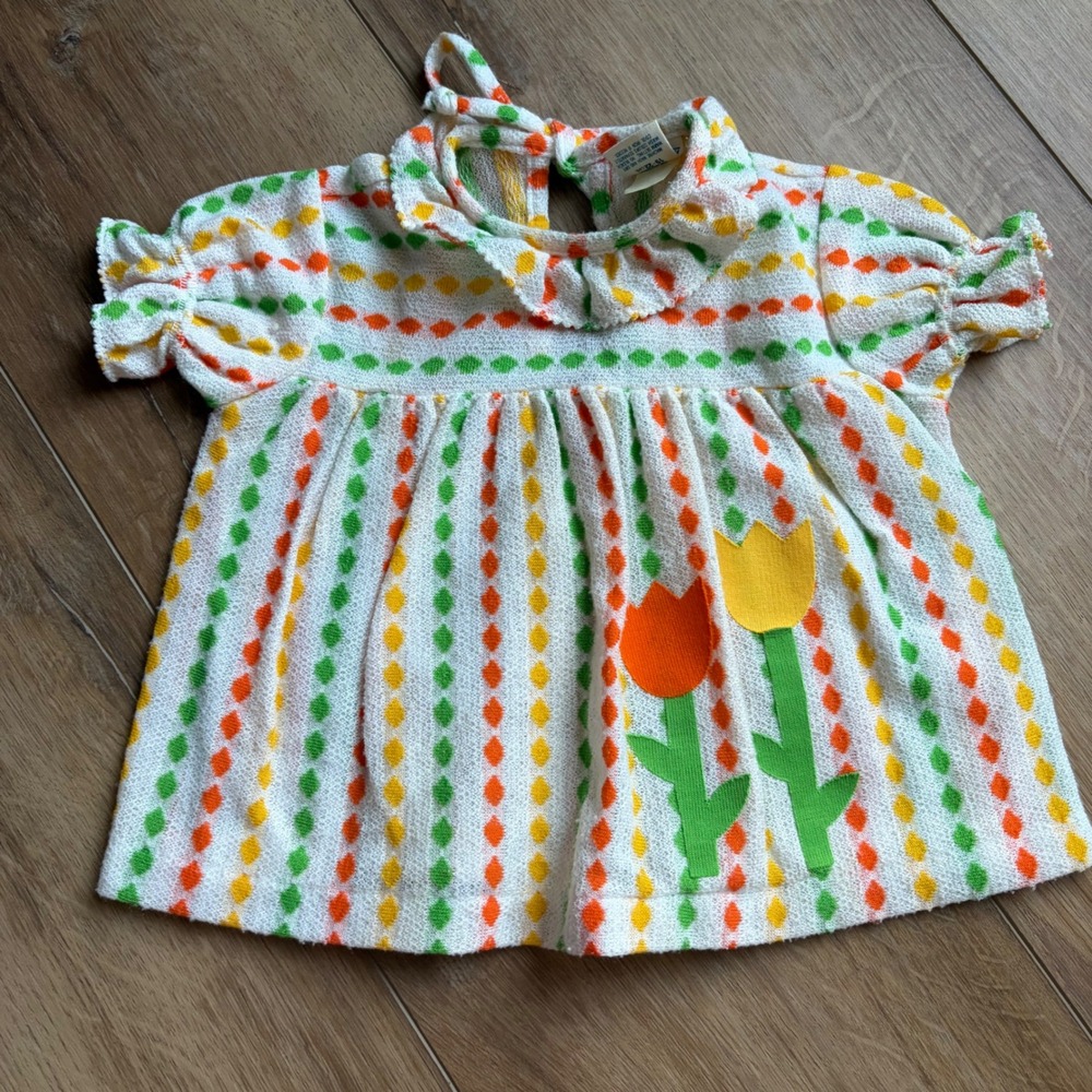 Vintage 70s Girls Dress Size 12M / Applique Flowers Retro Baby Clothes